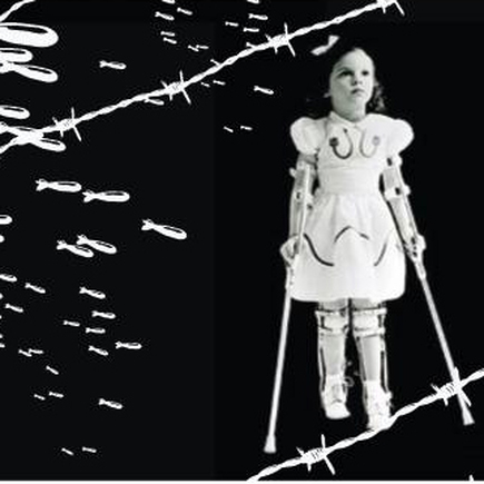 An image of a crippled child with crutches.  Images of barbed wire and bombs are around her. 